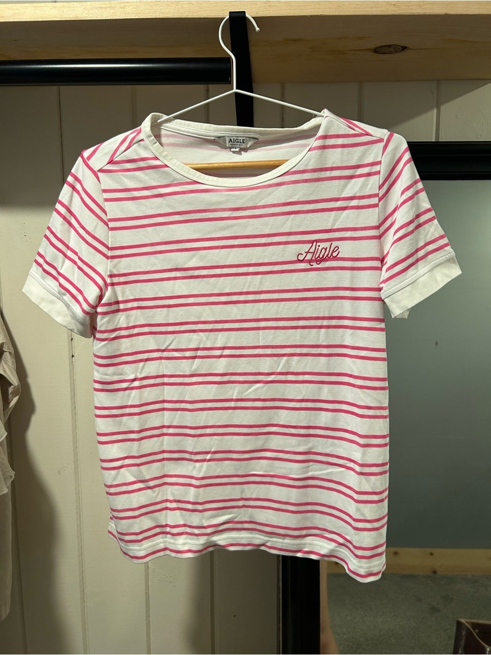 Aigle Embroidered‎ White Tee with Pink Stripes